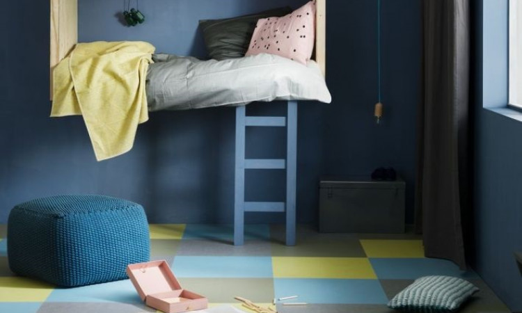 blau grau lime Linoleum Boden im Kinderzimmer