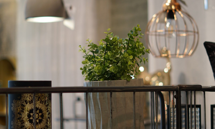 Accessoires grün kupfer mit Lampen und Regal bei Bleher Raumdesign Nürtingen